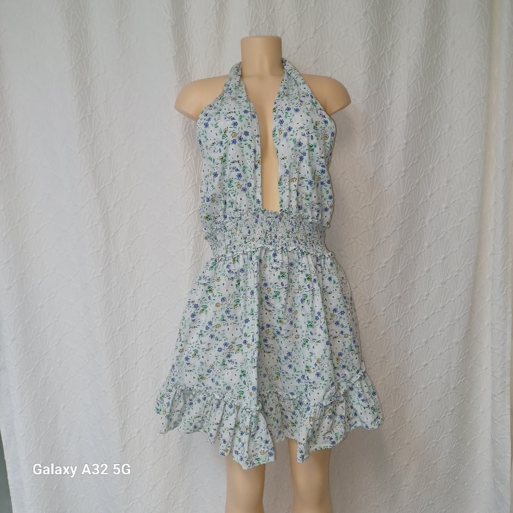 Aerie Women Dress Summer  Size L Blue Sequin Tiered Halter Dress - Picture 4 of 16